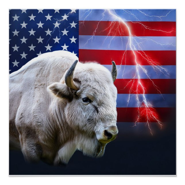 Póster Buffalo Branco Com Bandeira Americana E Relâmpagos (Frente)