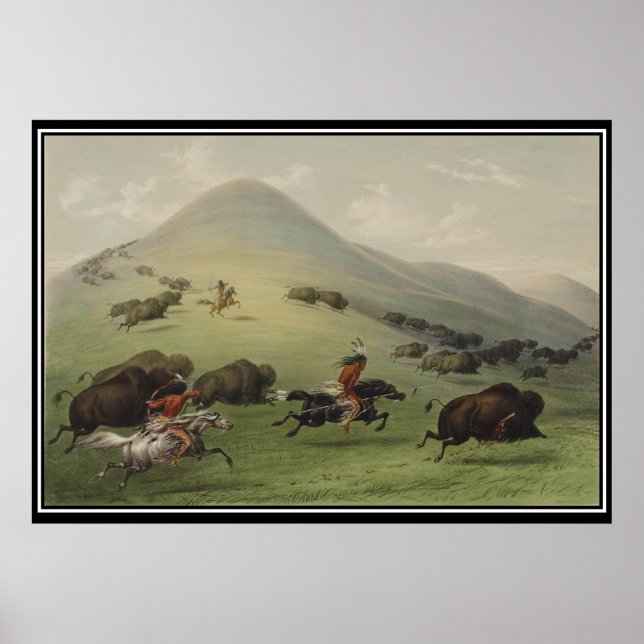 Póster Buffalo Hunt por Americanos nativos Posteres vinta (Frente)