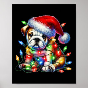 Poster Buldogue Christmas Lights Santa Hat Dog