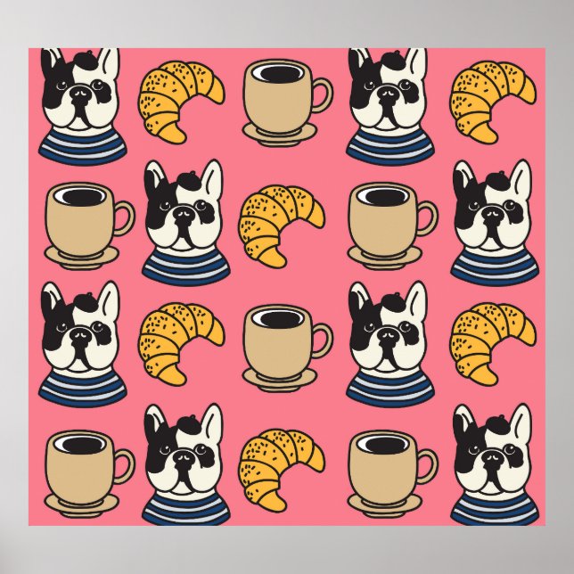 Poster Buldogue francês, café, tema croissant. (Frente)