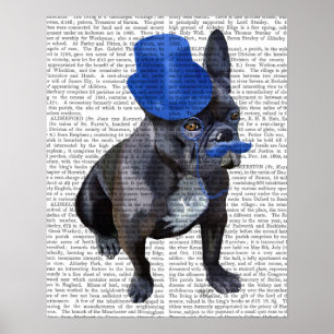 Poster Buldogue francês com chapéu azul e bigode