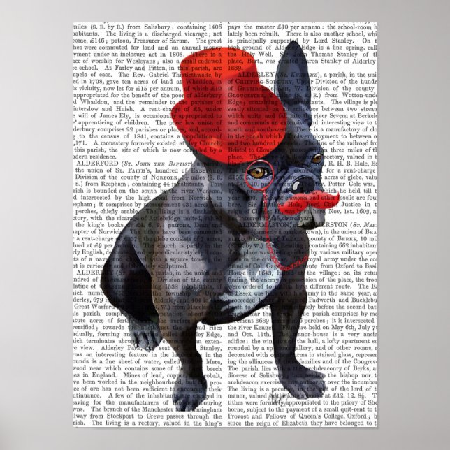 Póster Buldogue Francês com Chapéu Vermelho e bigode (Frente)