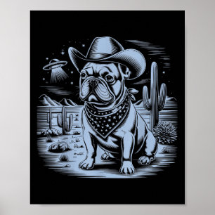 Poster Buldogue Francês Funny Cowboy Ufo Vintage Western 