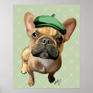 Póster Buldogue francês marrom com chapéu verde