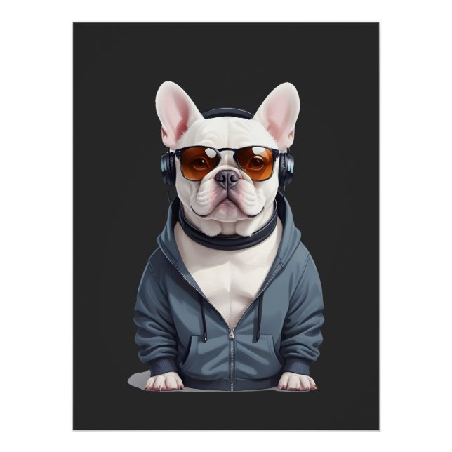 Póster Buldogue Francês Vestindo Hoodie Música Legal Engr (Frente)