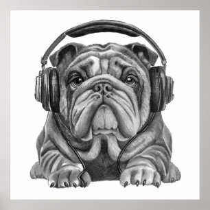 Poster Buldogue inglês bonito com fones de ouvido