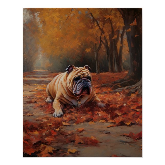 Póster Buldogue no outono Folhas Caindo Inspire (Frente)
