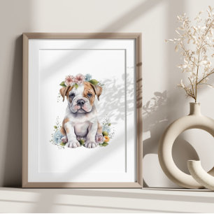 Poster Buldogue Puppy Pet Watercolor Flor