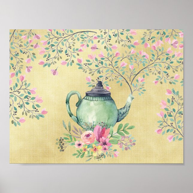 Póster Bule de Aquarela Elegante e Flores Douradas (Frente)