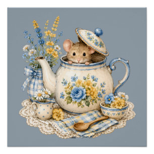 Póster Bule de Chá Caprichoso Casa de Rato Blooms