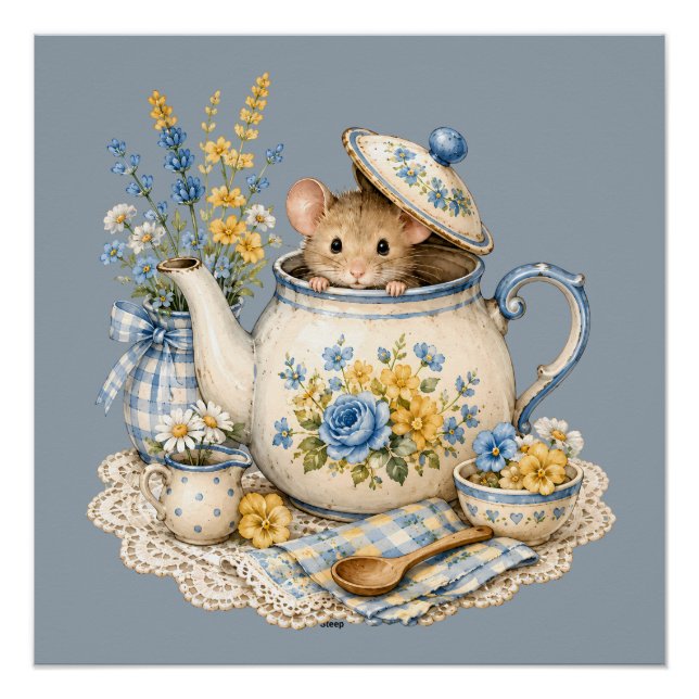 Póster Bule de Chá Caprichoso Casa de Rato Blooms (Frente)