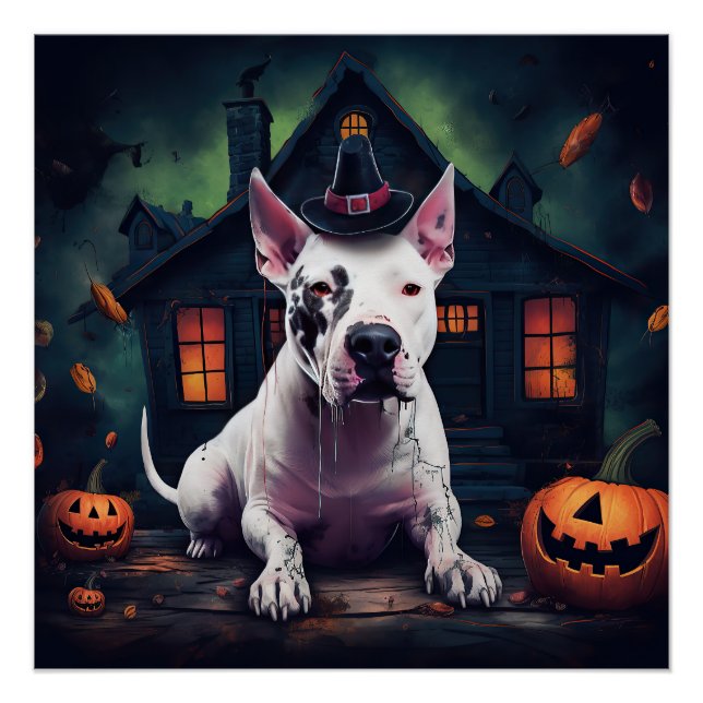 Póster Bull Terrier Abóboras Dia das Bruxas Assustador (Frente)