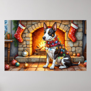 Poster Bull Terrier Lareira com Luzes de Natal