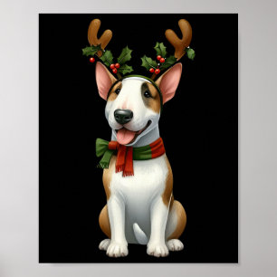 Poster Bull Terrier Reindeer Santa Hat Cristo Luzes de Na