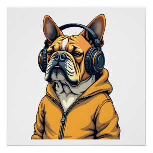 Póster Bulldog Antigo de Headphones Vestindo Capuz Música