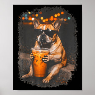Poster Bulldog engraçado bebendo café gelado meme de anim