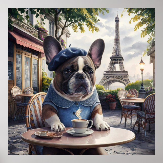 Poster Bulldog francês em um café em Paris Whimiscal (Frente)
