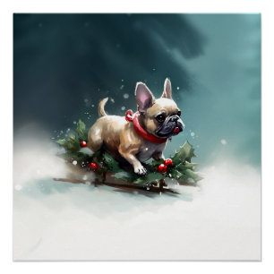 Póster Bulldog Francês Natal neve inverno