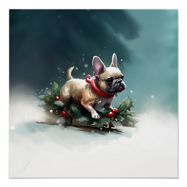 Póster Bulldog Francês Natal neve inverno (Frente)