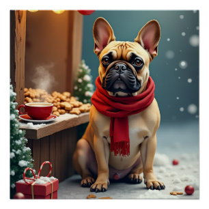 Póster Bulldog Francês no Mercado de Natal Vintage