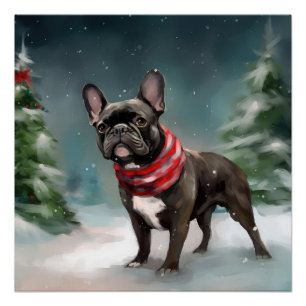 Póster Bulldog Francês no Natal com Neve