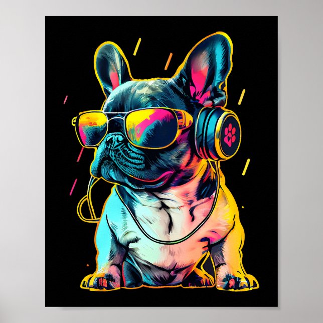 Poster Bulldog Francês Retrowave com Fones de ouvido e Su (Frente)