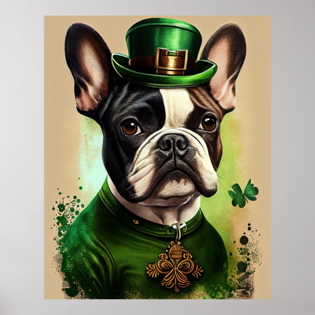 Poster Bulldog Francês vestido de Dia de São Patrício (Frente)