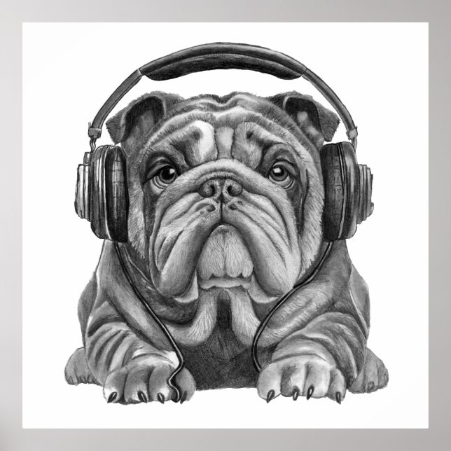 Poster Bulldog inglês fofo com fones de ouvido (Frente)