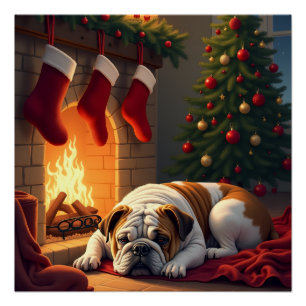 Póster Bulldog junto à Lareira Pintura de Natal