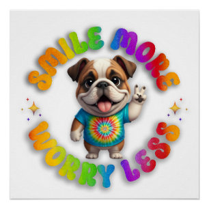 Póster Bulldog Puppy Positive Tie Dye Hippie Divertido Co