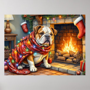 Poster Bulldog Sentado ao Lado da Lareira com Luzes de Na