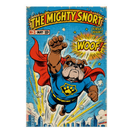 Póster Bulldog Superhero Flying with Cape