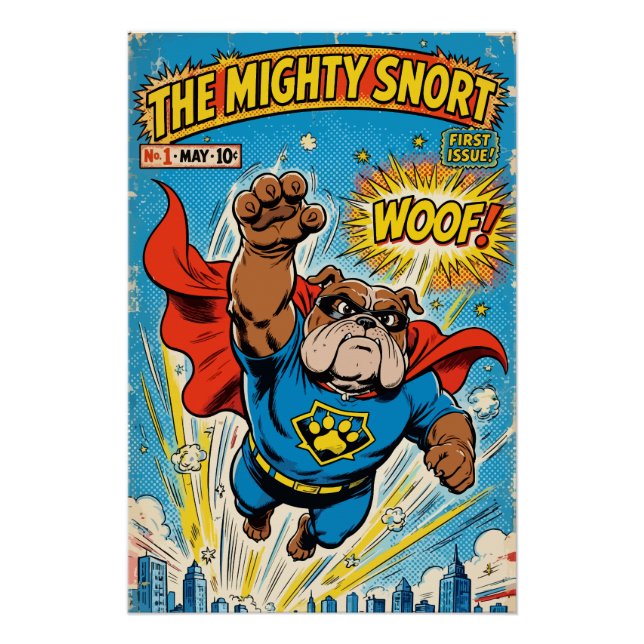 Póster Bulldog Superhero Flying with Cape (Frente)