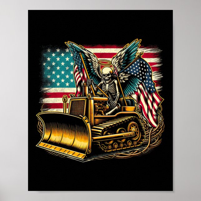 Poster Bulldozer Bandeira Americana Halloween Caveira  (Frente)