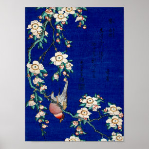Póster Bullfinch de Hokusai em um ramo Weeping da cereja