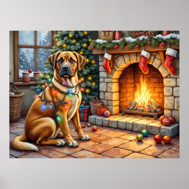 Poster Bullmastiff Lareira com Luzes de Natal (Frente)