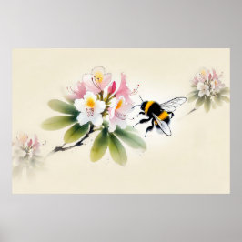 Poster Bumblebee de tinta chinesa em Rhododendron