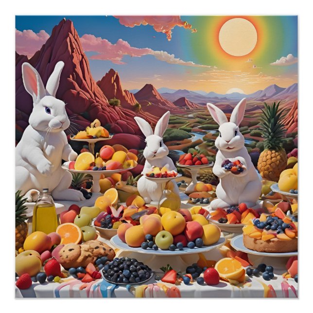 Póster Bunnies Brancos com Paisagem Fruta (Frente)
