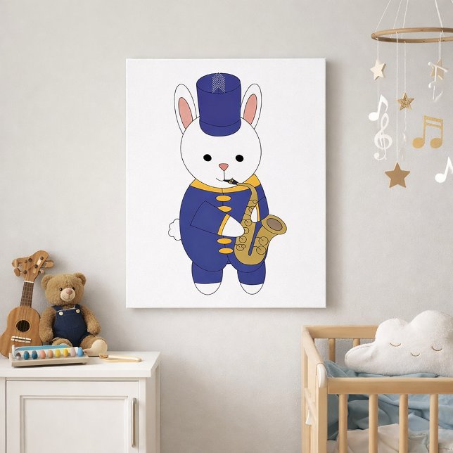 Poster Bunny Fofo Marcha com Banda Toca Saxofone Azul (A poster featuring a rabbit with a saxophone in a blue and gold marching band uniform.)