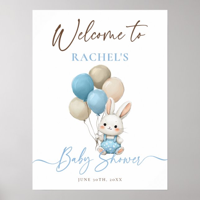 Poster Bunny Rabbit Balloons Blue Chá de fraldas Welcome (Frente)