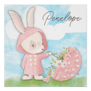Póster Bunny Rabbit Guarda-chuvas e flores