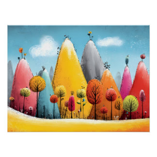Póster bunte Fantasie Landschaft - Berge und Bäume