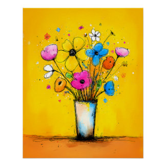 Póster Bunter Blumenstrauß in Vase - Pop Art Cartoon Stil