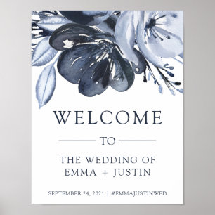 Poster Buquê azul Watercolor Floral Wedding Bem-vindo