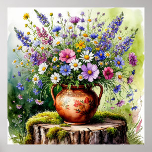 Poster Buquê de aguarela de flores silvestres em vaso
