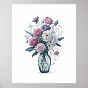 Poster Buquê de Aquarela de Flores em Vaso de Vidro
