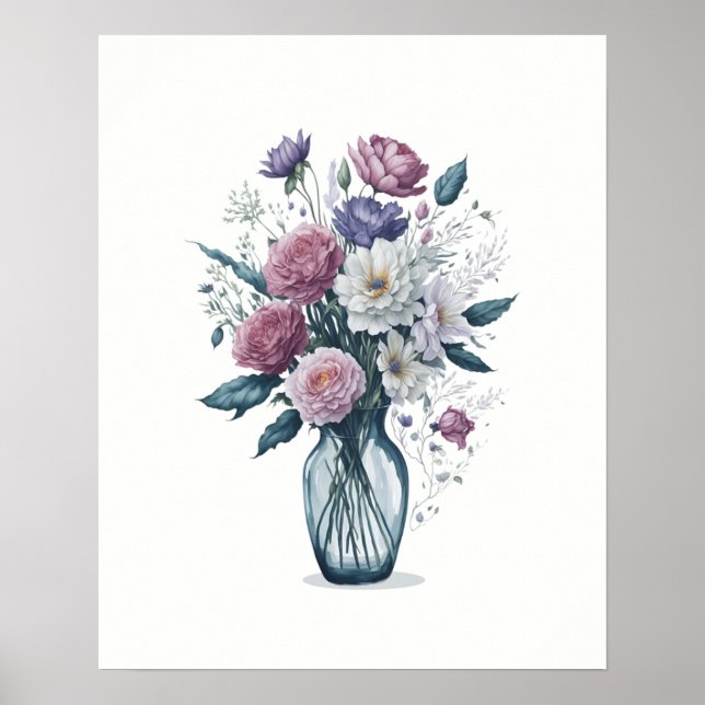 Poster Buquê de Aquarela de Flores em Vaso de Vidro (Frente)