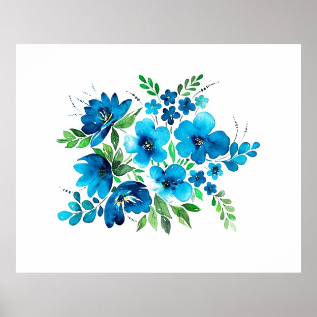 Poster Buquê de aquarelas com cores azuis claras, fl maci (Frente)