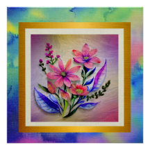 Buquê de Flores Aquarela, Fundo Colorido