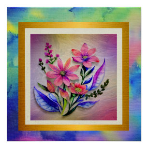 Póster Buquê de Flores Aquarela, Fundo Colorido